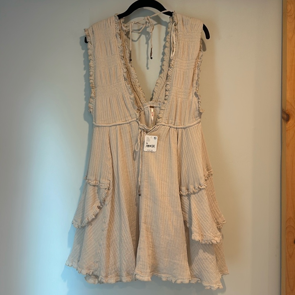 FREE PEOPLE Antoinette Plunge Neck Tiered Dress In Pebble Medium NEW